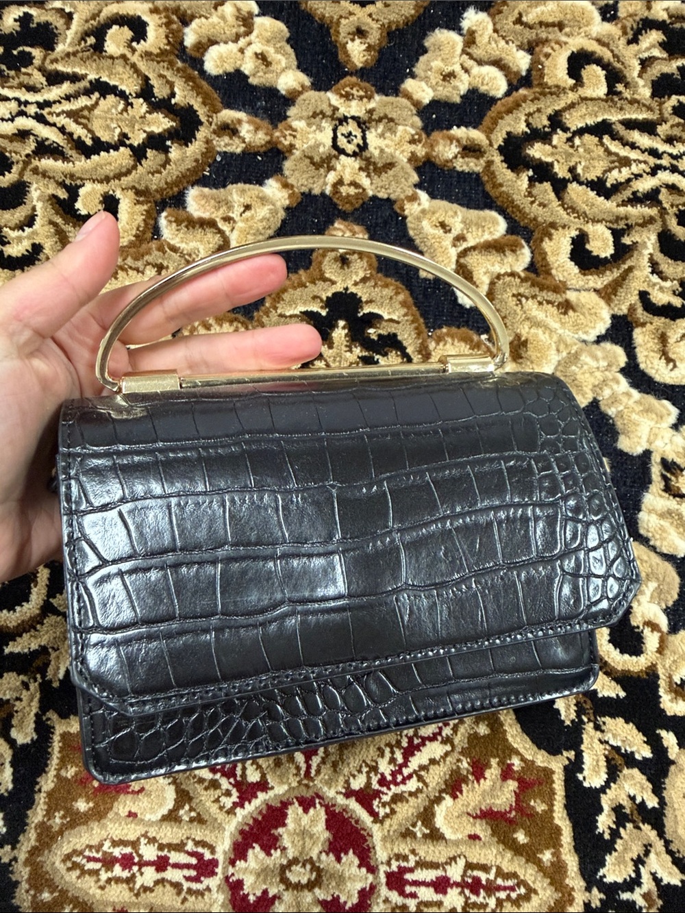Forever 21 Black Croc-Embossed Mini Top-Handle Bag with Gold Hardware